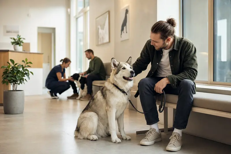 Ein Grönlandshund sitzt ruhig neben seinem Besitzer im hellen Wartezimmer einer modernen Tierarztpraxis.
